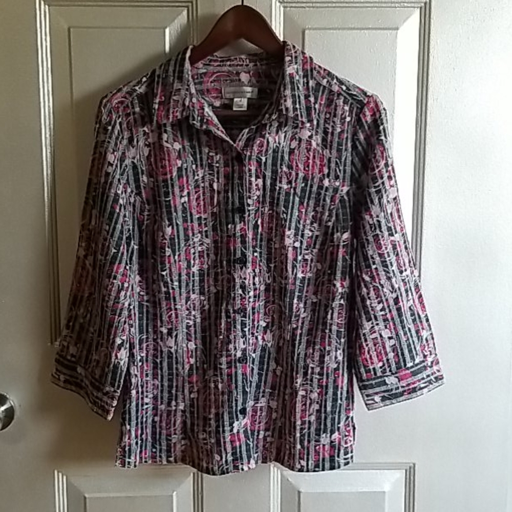 Gray button down with pink rose pattern